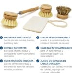 Joeji’s Kitchen Juego de cepillos ecológicos de madera de bambú, estropajo ecológico con cabezales intercambiables, cepillo de limpieza para tazas, platos o cubiertos