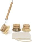 Joeji’s Kitchen Juego de cepillos ecológicos de madera de bambú, estropajo ecológico con cabezales intercambiables, cepillo de limpieza para tazas, platos o cubiertos
