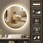 Espejo de Baño LED Bluetooth 60 x 60 cm, Espejo de Baño Redondo Antivaho, Espejos de Baño con LED y Memoria, Espejos de Baño con Luz con Interruptor Táctil, Regulable, 3 Colores