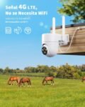 Cámara de Vigilancia Exterior 4G LTE Grabación 24/7 con Tarjeta SIM, Cámara PTZ de 360° con Detección Humana AI y Visión Nocturna Colorida, Audio Bidireccional, IP66 a Prueba de Agua