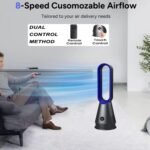 Ventilador de Piso Alto Frío y Calor Control Remoto Torre Sin Aspas Purificador de Aire Autonomía 8 Horas Oscilación Temporizador 80° Pantalla LED Apagado Automático.
