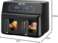 Freidora de Aire Doble Zona con Ventana Display, Freidora sin Aceite de 8 L (4L + 4L) con 8 Programas, Pantalla Táctil LED, Temporizador, Cestas Antiadherentes, 1700W, Negra