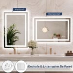 WEER Espejo de Baño con Luces LED, Espejo de Tocador de Pared 50 x 70 cm, 3 Colores Regulables, Panel Antivaho Retroiluminado, Vidrio Templado HD IP44, Vertical u Horizontal