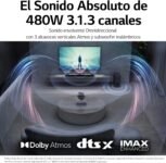 LG S80QY Barra de Sonido Inteligente, 480W, 3.1.3 Canales con Triple Altavoz Atmos Vertical, Compatible con Altavoces Traseros SPQ8-S, Sonido Envolvente Dolby Atmos, DST:X e IMAX, Negro