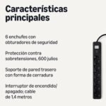 Amazon Basics Regleta con 6 Tomas y Protección contra Sobretensiones, Regleta con Regleta, Tapones de Seguridad, Cable de 1,4 m, 6 Tomas, 600 J, Negro