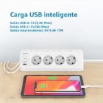 JSVER Regleta de Esquina con USB y 2 Puertos Tipo C, 4 Tomas con Interruptores Individuales, Regleta USB C (3680W/16A), con Cable de 2 m para Smartphones y Tablets-Blanco
