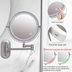 Espejo de maquillaje montado en la pared de 8 pulgadas, ajuste giratorio de aumento de 1X y 10X, ajuste de brillo inteligente, 3 colores de luz (níquel arena-10X)