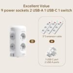 3M Tomas Regleta con USB C, Toma Múltiple 12 en 1 (9 AC y 3 USB), 3680W/16A, Tomas Regleta, Protección contra Sobretensión, Tomas Torre con Interruptor para Mesa, Oficina, Hogar, Blanco