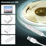 Tira LED COB 2 m, Retroiluminación TV USB 5V con Atenuador y Función Memoria, Tira LED Regulable sin Puntos para TV Bias, Muebles y Ambiente, 6500K