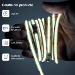 Tira LED COB 2 m, Retroiluminación TV USB 5V con Atenuador y Función Memoria, Tira LED Regulable sin Puntos para TV Bias, Muebles y Ambiente, 6500K
