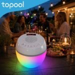 Altavoz Bluetooth Flotante para Piscina con Termómetro y Luz LED, IP68 Resistente al Agua, 8 Modos de Iluminación, Sonido Estéreo 360°, TWS, Alcance 25 m, Batería 2000 mAh