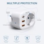 LENCENT USB C Enchufe 4000W, Cargador de Pared con Salida AC (250V/16A) + 3 Puertos USB, Carga Rápida QC3.0+PD20W con Funda Ignífuga para Móvil, Tablet, Apto para Cocina, Oficina, Hogar