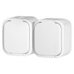 Enchufe Schuko Doble Pared 2x2P+T Enchufe de Superficie IP54 Resistente a Salpicaduras con Tapa – Ideal para Garajes, Talleres, Sótanos o Exteriores (Blanco)