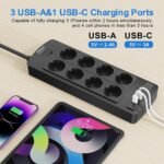 POWSAF Base de Enchufe con USB, Regleta de 8 Tomas y 4 Puertos USB, Regleta múltiple con Interruptor Seguro para el hogar/Oficina, Negro