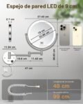 Gospire Espejo de Maquillaje de Pared de 9 Pulgadas con iluminación LED 3 Colores Regulables, Aumento 1X/10X, Doble Cara, Extensible 360°, Giratorio para Afeitar