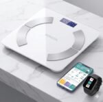 Báscula de Baño, Bluetooth Inteligente con App, Báscula Digital con Análisis Corporal, Peso, Grasa, IMC, Masa Muscular, Alta Precisión, Compatible iOS y Android + Guía de Ejercicios
