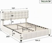 Cama de 160 x 200 cm, cama tapizada con almacenamiento hidráulico, luz con sensor de cuerpo humano, somier de láminas, cama para jóvenes y mayores, terciopelo, color beige