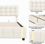 Cama de 160 x 200 cm, cama tapizada con almacenamiento hidráulico, luz con sensor de cuerpo humano, somier de láminas, cama para jóvenes y mayores, terciopelo, color beige