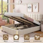 Cama de 160 x 200 cm, cama tapizada con almacenamiento hidráulico, luz con sensor de cuerpo humano, somier de láminas, cama para jóvenes y mayores, terciopelo, color beige