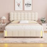 Cama de 160 x 200 cm, cama tapizada con almacenamiento hidráulico, luz con sensor de cuerpo humano, somier de láminas, cama para jóvenes y mayores, terciopelo, color beige