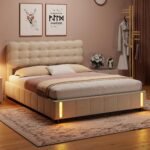 Cama de 160 x 200 cm, cama tapizada con almacenamiento hidráulico, luz con sensor de cuerpo humano, somier de láminas, cama para jóvenes y mayores, terciopelo, color beige