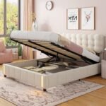Cama de 160 x 200 cm, cama tapizada con almacenamiento hidráulico, luz con sensor de cuerpo humano, somier de láminas, cama para jóvenes y mayores, terciopelo, color beige