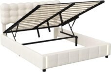 Cama de 160 x 200 cm, cama tapizada con almacenamiento hidráulico, luz con sensor de cuerpo humano, somier de láminas, cama para jóvenes y mayores, terciopelo, color beige
