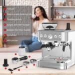 Garvee Cafetera Italiana Automática con Molinillo Integrado – 15 Barras y Control PID – Espresso Profesional en Casa con Boquilla de Vapor, Depósito de 2,3L, Acero Inoxidable, Plata