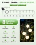Guirnaldas de luces solares para exteriores, 29 pies, 60 LED, bola blanca, 8 modos de iluminación, IP65, impermeable, blanco cálido, para jardín, balcón, terraza y árboles
