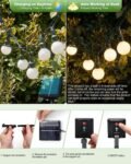 Guirnaldas de luces solares para exteriores, 29 pies, 60 LED, bola blanca, 8 modos de iluminación, IP65, impermeable, blanco cálido, para jardín, balcón, terraza y árboles