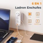 TESSAN Enchufe Plano Thief 6 en 1 con USB C, Enchufe Multi 6 en 1, Enchufe Thief con 3 Enchufes Schuko y 3 USB, Thieves para Enchufes 16A 3600W, Regleta para Hogar, Oficina, Cocina