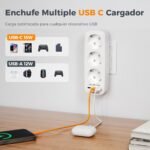 TESSAN Enchufe Plano Thief 6 en 1 con USB C, Enchufe Multi 6 en 1, Enchufe Thief con 3 Enchufes Schuko y 3 USB, Thieves para Enchufes 16A 3600W, Regleta para Hogar, Oficina, Cocina