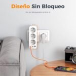 TESSAN Enchufe Plano Thief 6 en 1 con USB C, Enchufe Multi 6 en 1, Enchufe Thief con 3 Enchufes Schuko y 3 USB, Thieves para Enchufes 16A 3600W, Regleta para Hogar, Oficina, Cocina