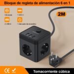 Regleta Cube con USB, Equipada con 3 Tomas AC, 2 USB y 1 Tipo C (PD 20W), con Interruptor, para Familia, Cocina y Oficina, Cable 2M Negro