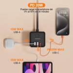 Regleta Cube con USB, Equipada con 3 Tomas AC, 2 USB y 1 Tipo C (PD 20W), con Interruptor, para Familia, Cocina y Oficina, Cable 2M Negro