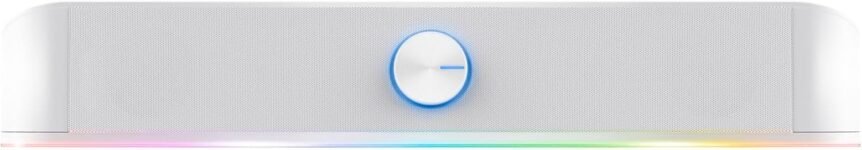 Barra de sonido GXTrust Rhox con iluminación RGB, blanca | Altavoces PC Gaming Stereo 2.0, 12 W, alimentación USB, conector de 3,5 mm, altavoz pequeño para PC, portátil y TV