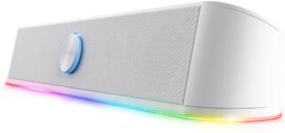 Barra de sonido GXTrust Rhox con iluminación RGB, blanca | Altavoces PC Gaming Stereo 2.0, 12 W, alimentación USB, conector de 3,5 mm, altavoz pequeño para PC, portátil y TV