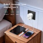 Hoppac Adaptador de Enchufe 5 en 1 para Reino Unido, Adaptador Tipo G con 3 USB A y 1 USB C para Irlanda, Hong Kong, Singapur, Malasia, Malta, Chipre, Qatar y Pakistán, Blanco