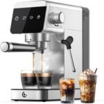 AMZCHEF Cafetera Espresso 20 Barras con Espumador de Leche, 1350 W Acero Inoxidable con Pantalla LED y Depósito Extraíble de 1,2 L, Diseño Compacto para el Hogar