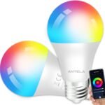 ANTELA Bombilla LED Inteligente E27 Wifi 9W Compatible con Google Home/Alexa, Bombilla RGB (2700K-6500K) Luces Colores Regulables, Control Remoto, Control por Voz, Ahorro de Energía, Pack 2