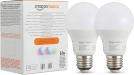 Amazon Basics Bombilla LED inteligente multicolor, casquillo E27, 8 W (equivalente a 60 W), funciona solo con Alexa, paquete de 2