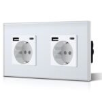 BSEED Enchufe Doble Schuko con USB C, Enchufes de Pared con Cristal, Enchufe Simple 16A 250V, Toma de Corriente para Cocina, Dormitorio, Oficina, Hotel, Serie M, 2 Tomas con USB y Tipo C, 157 mm Blanco