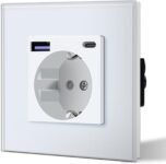 BSEED Enchufe de Pared con USB 20W y Tipo C, Enchufe USB C Cristal, Carga Rápida, 3 en 1, Fácil Instalación, 1 Enchufe, 86 mm Blanco