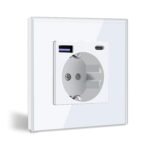 BSEED Enchufe de Pared con USB C 20W, Enchufe Schuko Blanco con Cargador Rápido USB Tipo C, Toma de Corriente 1 Gang con 2 x Cargadores USB y Tipo C, Enchufe Integrado Adecuado