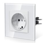 BSEED Enchufe de pared con cristal, enchufes empotrables estándar, instalación con gancho, seguridad infantil, serie E, 1 enchufe, 86 mm, color blanco