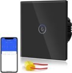 BSEED Interruptor de luz táctil WiFi inteligente, panel de vidrio, compatible con Alexa, Smart Life y Tuya (no necesita cable neutro), 1 unidad, 1 vía, 86 mm, negro