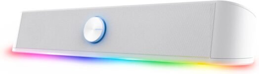Barra de sonido GXTrust Rhox con iluminación RGB, blanca | Altavoces PC Gaming Stereo 2.0, 12 W, alimentación USB, conector de 3,5 mm, altavoz pequeño para PC, portátil y TV