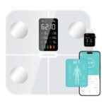 Báscula de grasa corporal Healthkeep, báscula digital inteligente con función de frecuencia cardíaca, pantalla VA extra grande, 15 datos corporales (blanco)