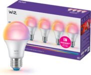 Bombilla LED inteligente WiZ A60 RGB E27, equivalente a 60 W, 2200-6500 K, 806 lm, regulable, compatible con Alexa, Google Assistant y Apple Home, paquete de 4