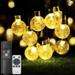 Cadena de luces de vidrio para exteriores, batería recargable con controlador, 36 pies 60 LED 8 modos IP65 impermeable para jardín, patio, boda, fiesta, decoración navideña